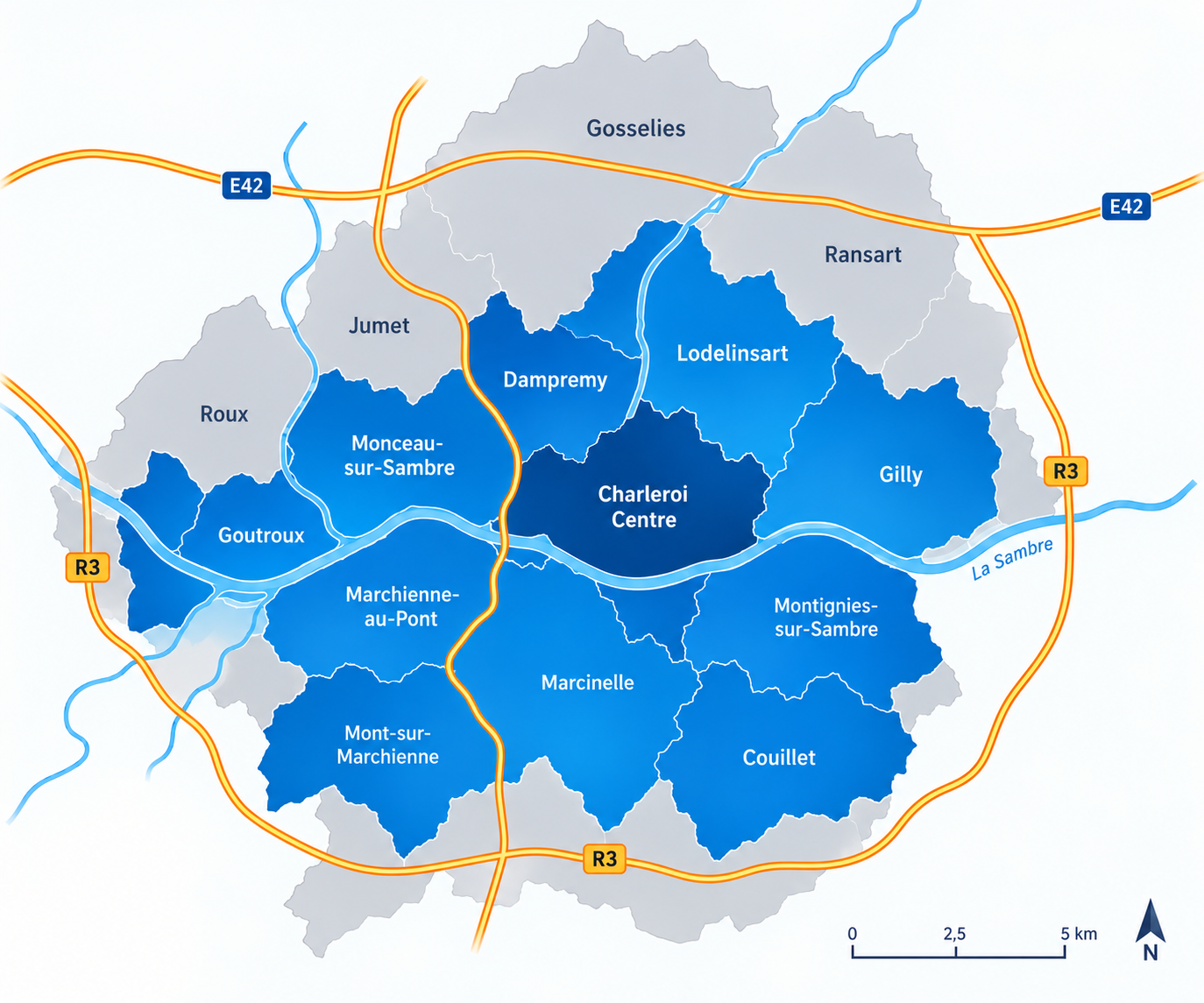 Carte de Charleroi : les 11 communes desservies apparaissent en bleu, les autres en gris.